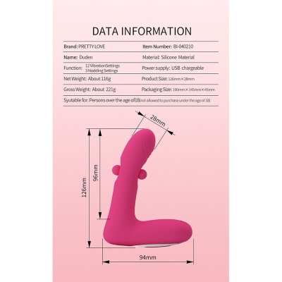 Dispositivo rosa em silicone com dimensões e informações técnicas