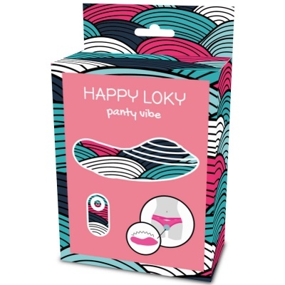 Embalagem colorida de Happy Loky panty vibe com padrão ondulado e imagens do produto