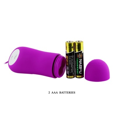 Acessório roxo em silicone com tampa removível e duas pilhas AAA NAIFU ao lado