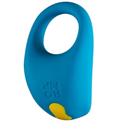 Produto azul de silicone com alça circular e área amarela