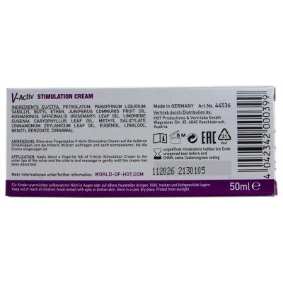 Embalagem de creme estimulante V-Activ com informações e lista de ingredientes visíveis
