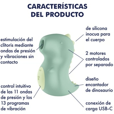Vibrador verde água em forma de dinossauro com descrições em espanhol ao redor