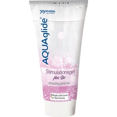 Tubo de gel estimulação AQUAglide para mulher com design branco, rosa e azul