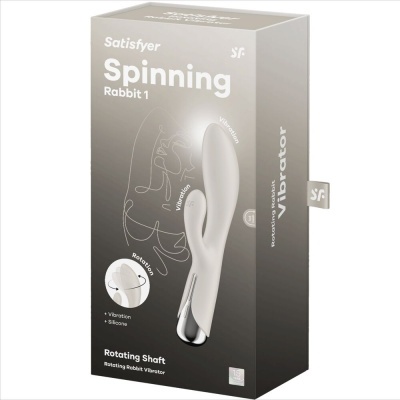 Caixa cinza do vibrador rotativo Satisfyer Spinning Rabbit 1 com texto branco