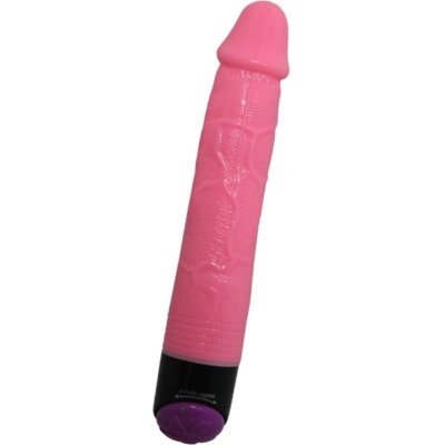 Vibrador rosa com base preta e botão roxo em fundo branco