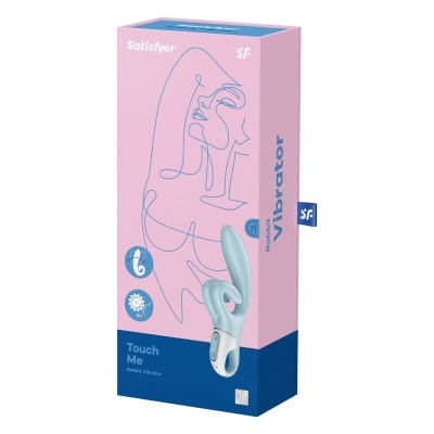Embalagem rosa e azul com imagem de vibrador branco e prateado, texto e ícones da marca Satisfyer.