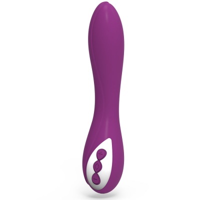 Vibrador roxo com base branca e botões roxos