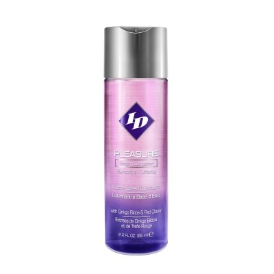Frasco de lubrificante ID Pleasure com líquido rosa e roxo e tampa prateada