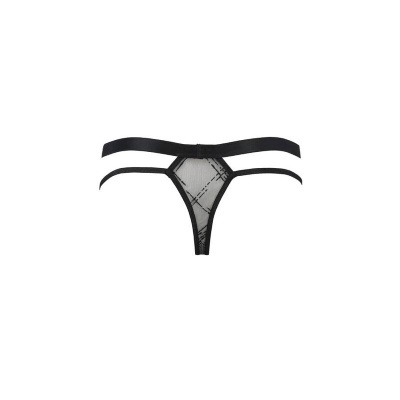 Calcinha preta tanga com duas tiras na cintura e tecido transparente com padrão