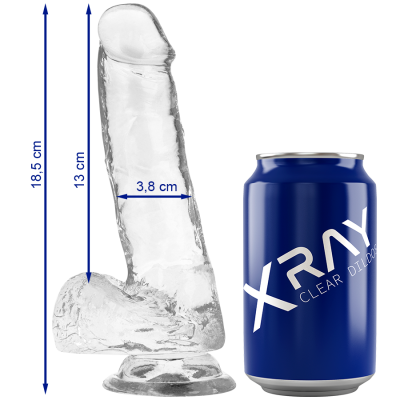 Dildo transparente realista ao lado de uma lata azul XRAY