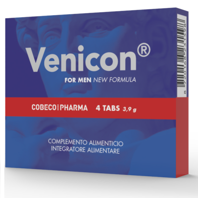 Embalagem azul e vermelha de suplemento Venicon para homens com 4 comprimidos.