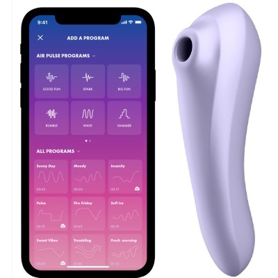 Dispositivo eletrônico branco com smartphone mostrando app com programas de pulso de ar.