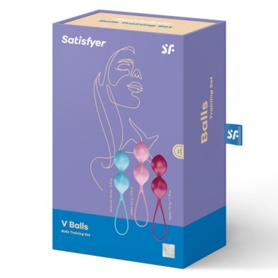 Conjunto de treino V Balls da Satisfyer em embalagem lavanda e azul com desenho estilizado e bolas coloridas