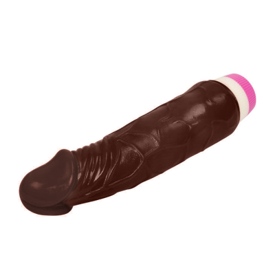 Vibrador castanho escuro com base branca e rosa em fundo branco
