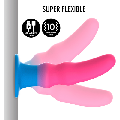 Brinquedo sexual rosa flexível com base azul e ícones de carregador magnético e modos de vibração