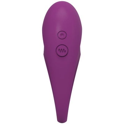 Dispositivo electrónico roxo com dois botões circulares em fundo branco