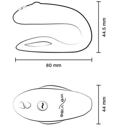 Desenho técnico a preto e branco de vibrador com medidas e marca we-vibe