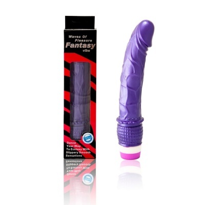 Vibrador roxo com relevo e caixa preta e vermelha com texto em inglês