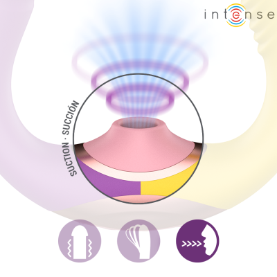 Dispositivo colorido com orifício central e ondas em azul e roxo, texto SUCTION - SUCCIÓN e logotipo intense