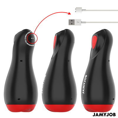 Dispositivo preto e vermelho com botões e cabo USB branco