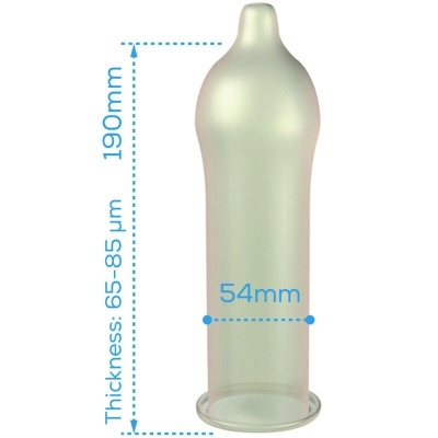 Preservativo transparente com medidas em azul indicadas ao redor do produto.