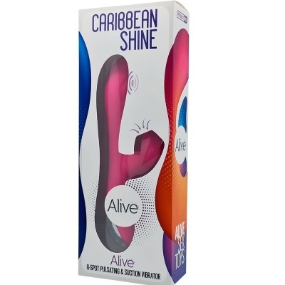 Embalagem de vibrador com design curvo rosa e preto com texto Caribbean Shine e Alive