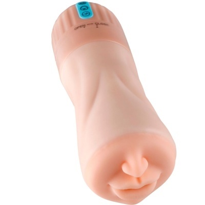 Masturbador masculino em silicone cor da pele com botão azul e texto 'strong and hard'