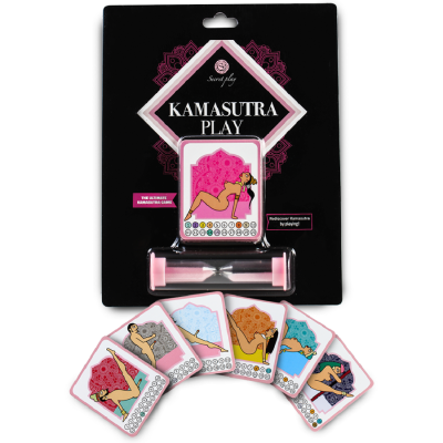 Jogo de cartas Kamasutra Play com cartas coloridas e ampulheta rosa na embalagem preta