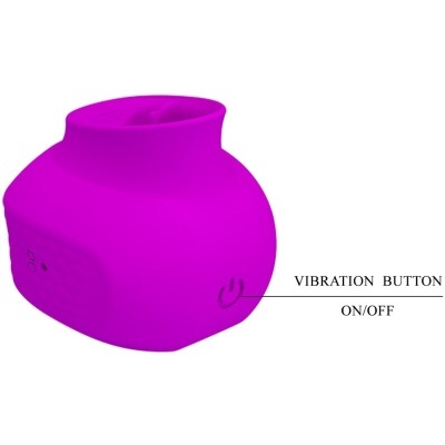 Produto eletrónico roxo com botões e texto VIBRATION BUTTON e ON/OFF