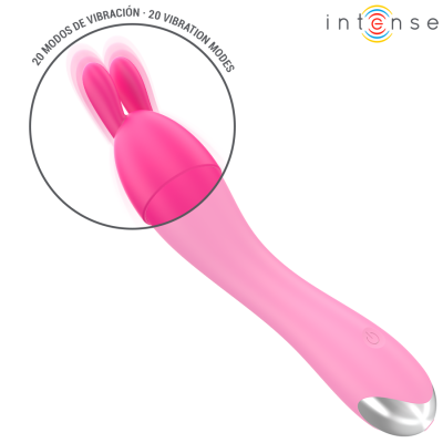 Vibrador rosa com duas extremidades flexíveis e botão de ligar