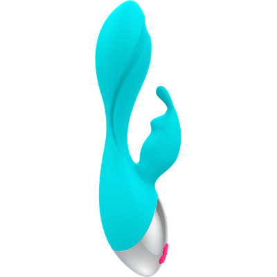 Vibrador azul em silicone com base prateada e botão rosa