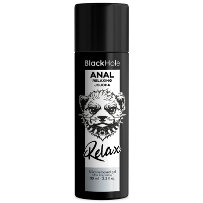 Frasco preto com rótulo branco de gel silicone para relaxamento anal