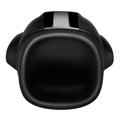 Fone de ouvido preto com faixa superior preta e detalhes cinzentos vista de frente