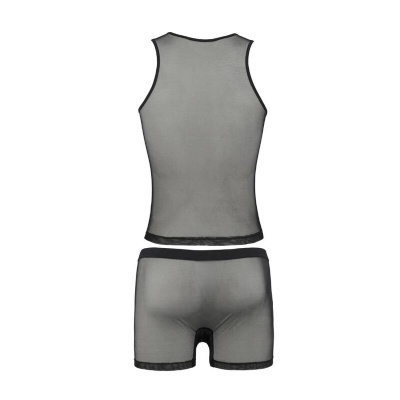 Conjunto de roupa interior masculina transparente preto composto por camisola sem mangas e calções