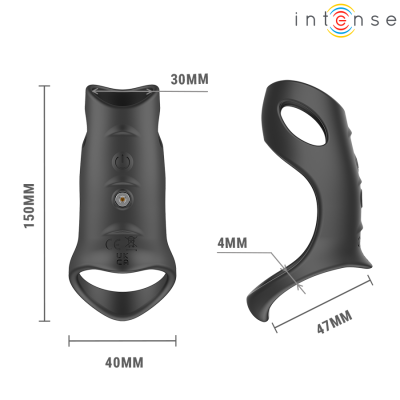 Dispositivo preto ergonómico com dimensões detalhadas e marcações CE e UKCA