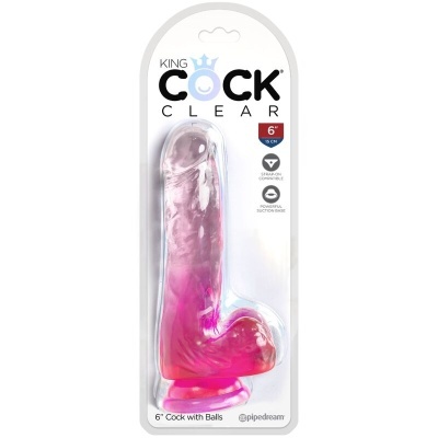 Dildo translúcido rosa e transparente em embalagem plástica com texto KING COCK CLEAR 6'