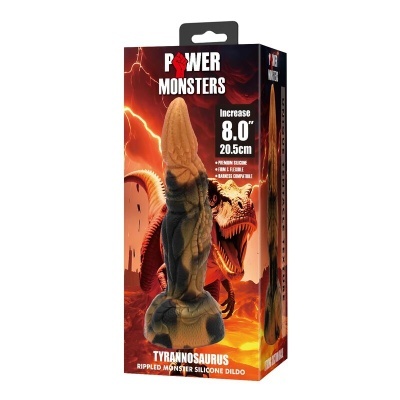 Embalagem com dildo de silicone com tema Tyrannosaurus em cores castanhas e pretas