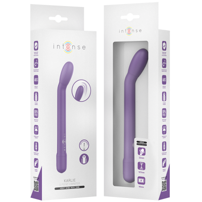 Vibrador roxo Intense KARLIE em embalagem branca com janela transparente