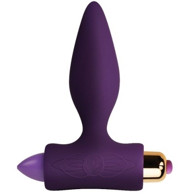 Plug anal roxo com parte dourada metálica e botão roxo