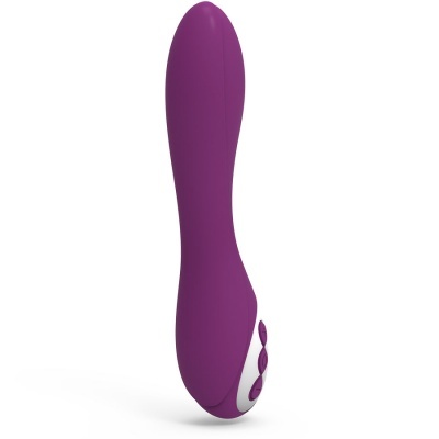 Vibrador roxo de silicone com base branca e botões cinza