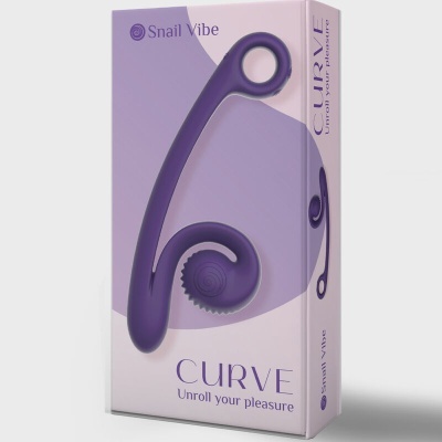 Embalagem do vibrador Snail Vibe CURVE roxo com texto em inglês.