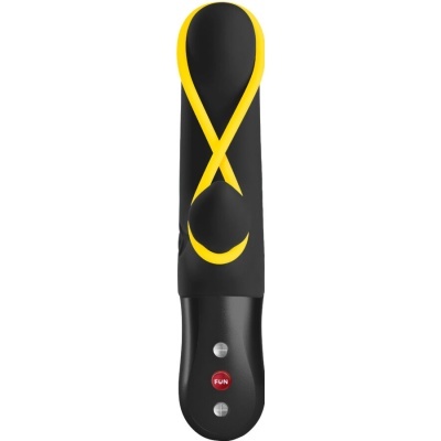 Vibrador preto e amarelo com botão FUN em fundo branco