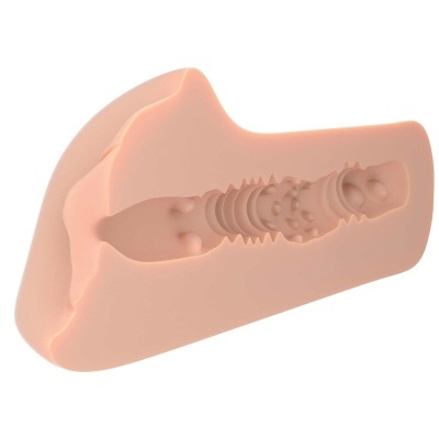 Produto adulto siliconado cor pele com textura interna detalhada