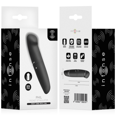 Embalação PHIL POCKET STIMULATOR preto, estimulador com 130mm de altura e 31mm de largura.