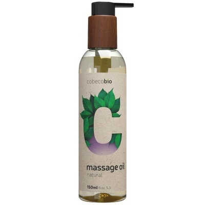 frasco transparente de óleo de massagem natural Cobeco Bio com tampa preta tipo bomba e rótulo bege com letra C verde e roxa