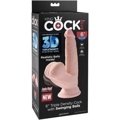 Embalagem de dildo realista cor pele com base e bola, texto KING COCK PLUS 3D TRIPLE DENSITY