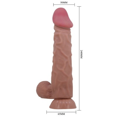 Dildo rosa com textura veiculada e base larga em silicone