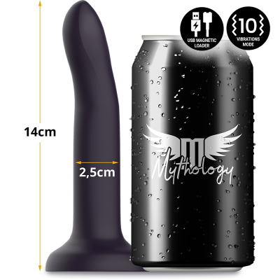 Vibrador preto ao lado de lata preta com texto Mythology e ícones USB e 10 modos vibração