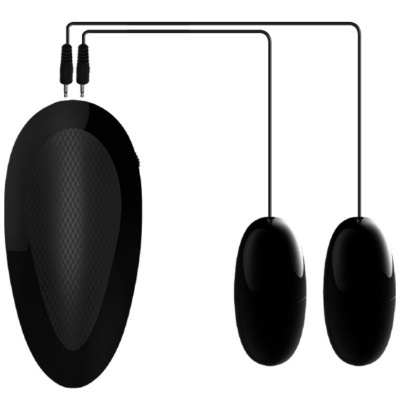 Dispositivo eletrônico preto com unidade principal oval texturizada e duas cápsulas ovais ligadas por fios