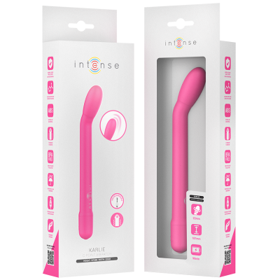 Pacote branco com vibrador rosa KARLIE da marca intense visível através de janela